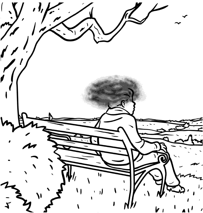 person on park bench with brain fog